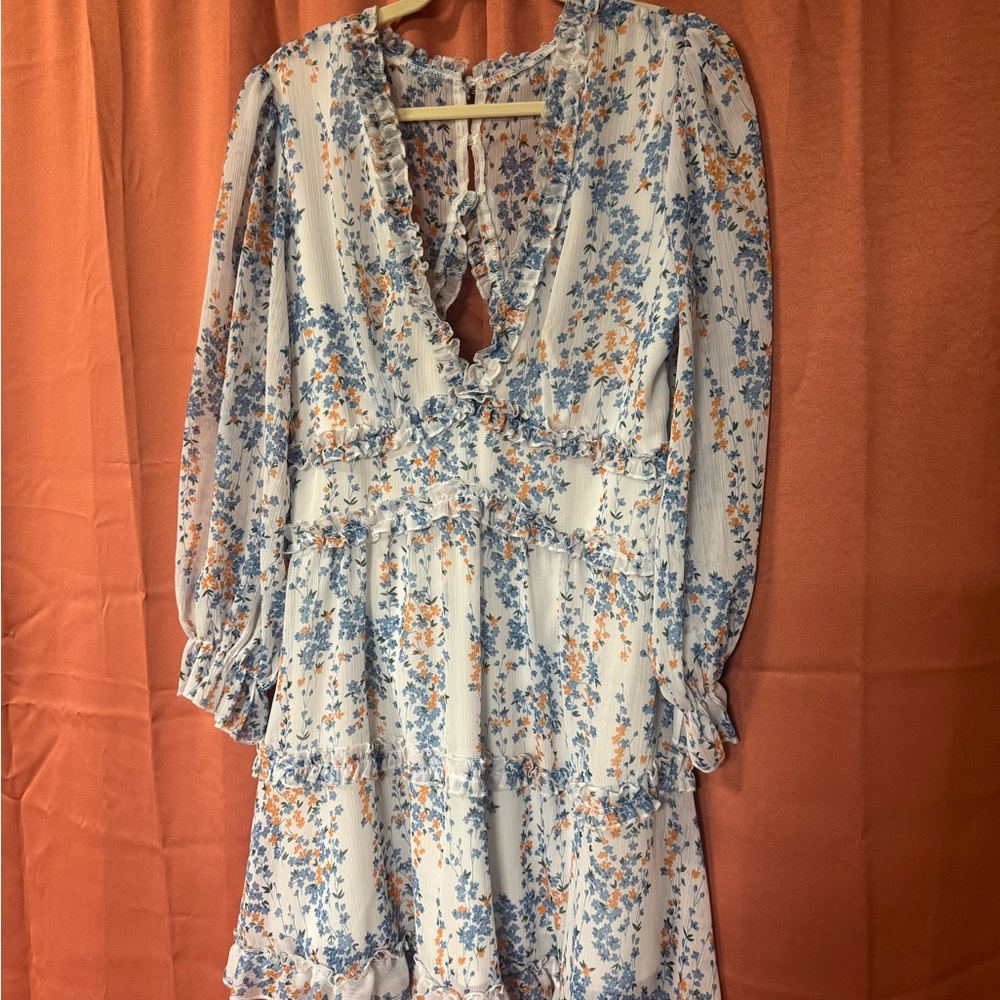 Floral Ruffle V-Neck Midi Dress - Blue & Orange